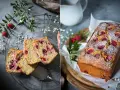 Saftiger Himbeer-Zitronen-Kuchen, bestäubt mit Puderzucker. Auf einem Gitter und auf einem Holzbrett mit frischen Himbeeren und Grün dekoriert.