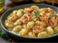 Gnocchi mit Garnelen in cremiger Sauce, garniert mit Kräutern und Gewürzen. Ein köstliches Gericht, das zum Genießen einlädt.