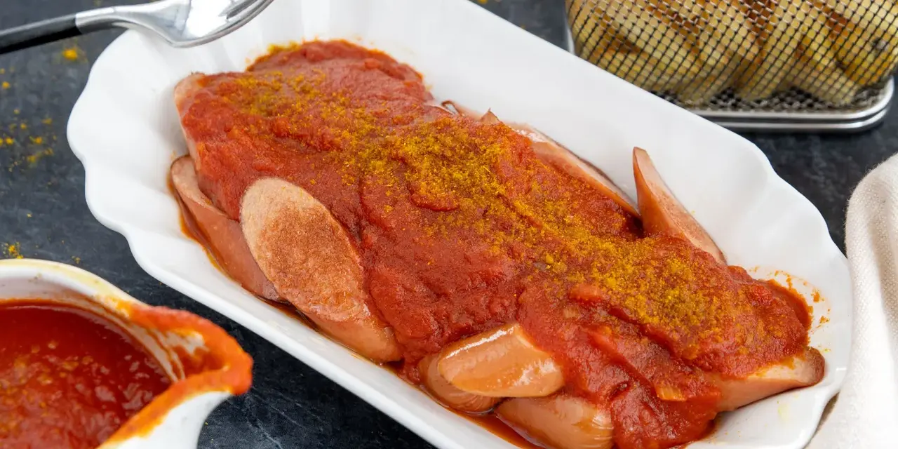 Currywurst mit selbstgemachter Currysauce, einfach und lecker. Pommes frites im Hintergrund.