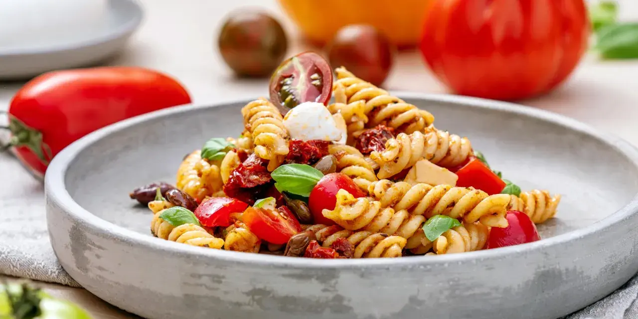 Ein köstlicher nudelsalat mit essig, garniert mit frischem Basilikum, Kirschtomaten und Mozzarella-Kugeln.