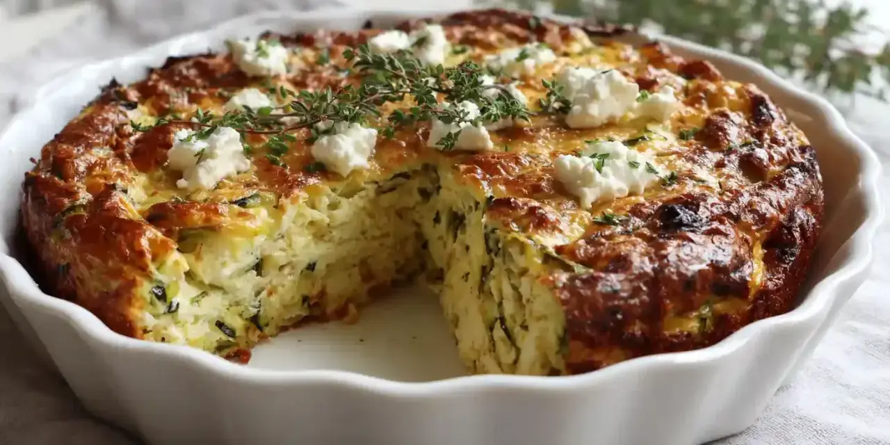 Herzhaftes zucchini mit feta im ofen, goldbraun gebacken und mit frischen Kräutern garniert.