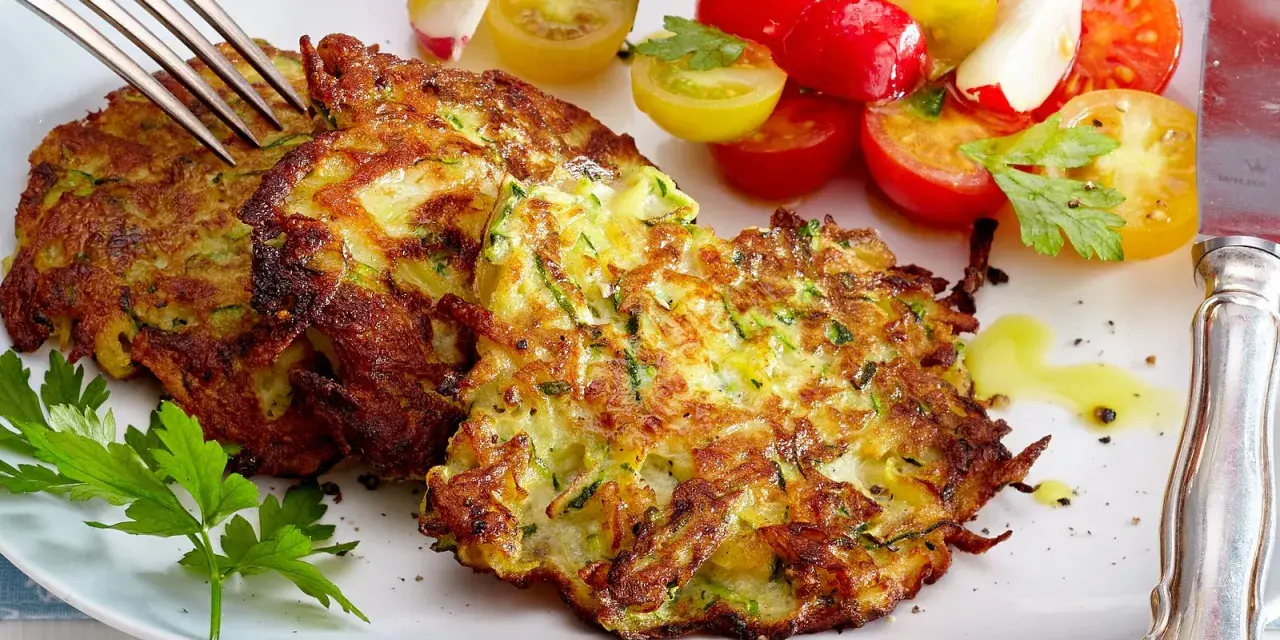 Goldbraune Zucchini-Puffer, knusprig gebraten, serviert mit einem bunten Tomatensalat und frischer Petersilie. Ein Genuss!
