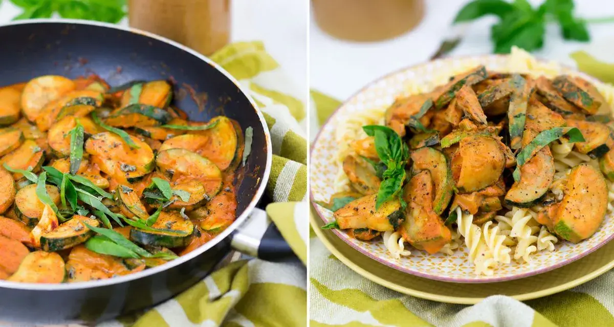 Zucchini-Pasta mit cremiger Tomaten-Zucchini-Sauce, garniert mit frischem Basilikum. Ein köstliches Gericht, das Lust auf mehr macht.