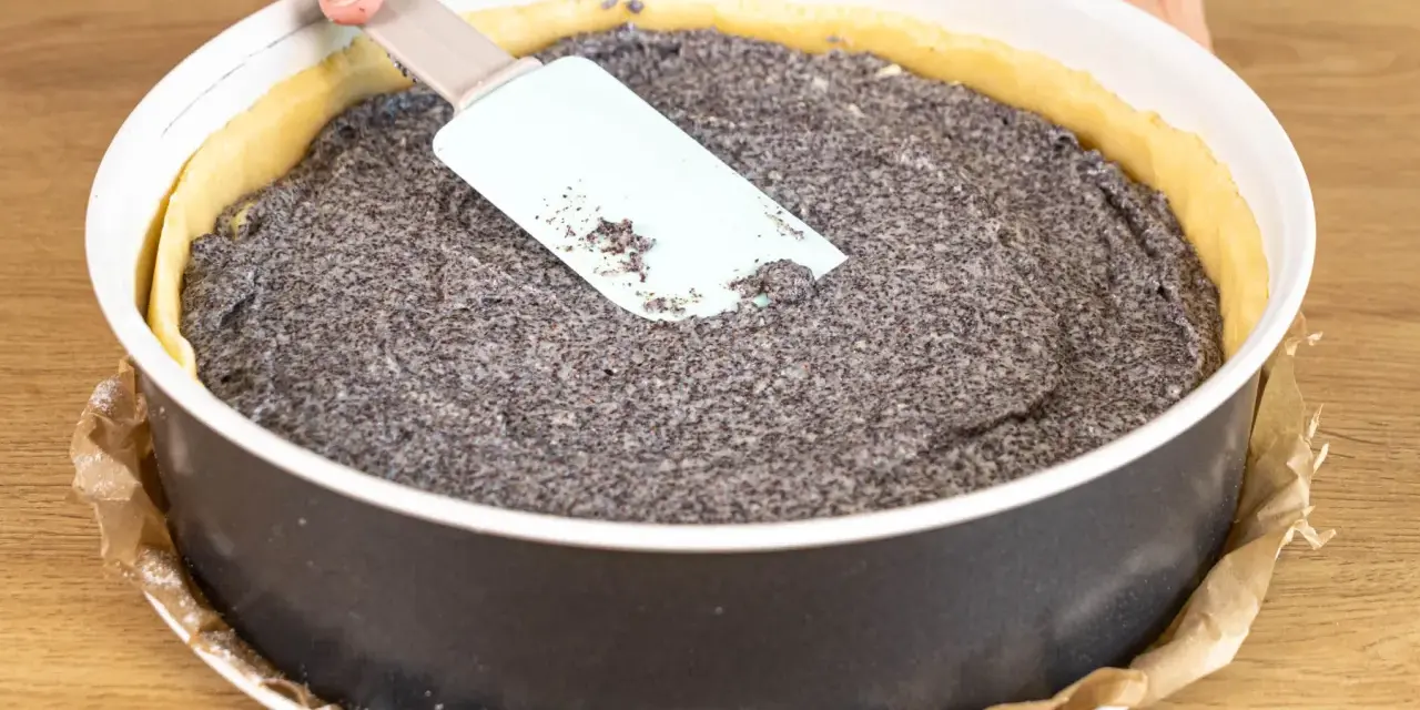 Ein Mohnkuchen mit Puddingfüllung wird in einer Springform vorbereitet. Eine Hand glättet die Mohnmasse mit einem Spatel.