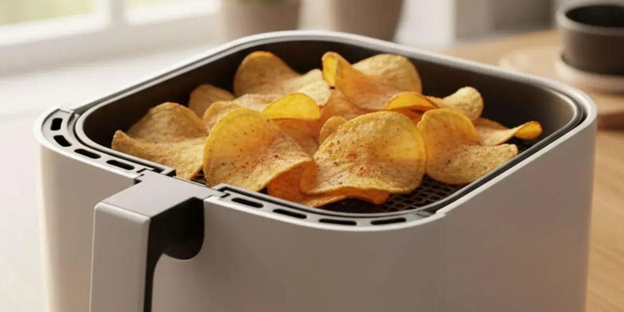 Knusprige kartoffelchips im Airfryer, bereit zum Genießen.