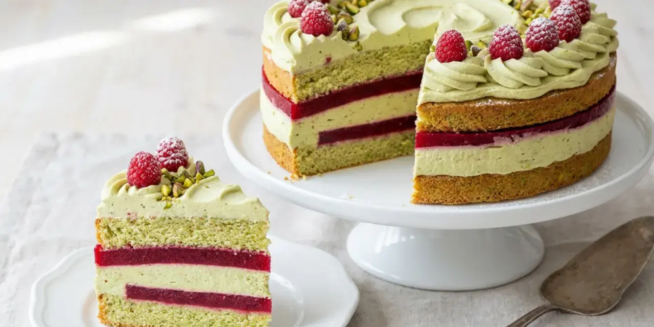Eine wunderschöne Pistazien Himbeer Torte mit frischen Himbeeren und gehackten Pistazien. Ein Stück ist bereits auf einem Teller angerichtet.