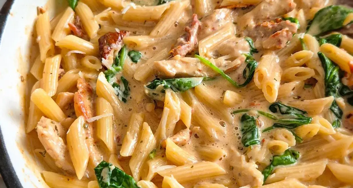 Cremige Penne mit Hähnchen, Spinat und getrockneten Tomaten. Dieses "Marry Me Chicken" Gericht ist so lecker, dass man es heiraten möchte!