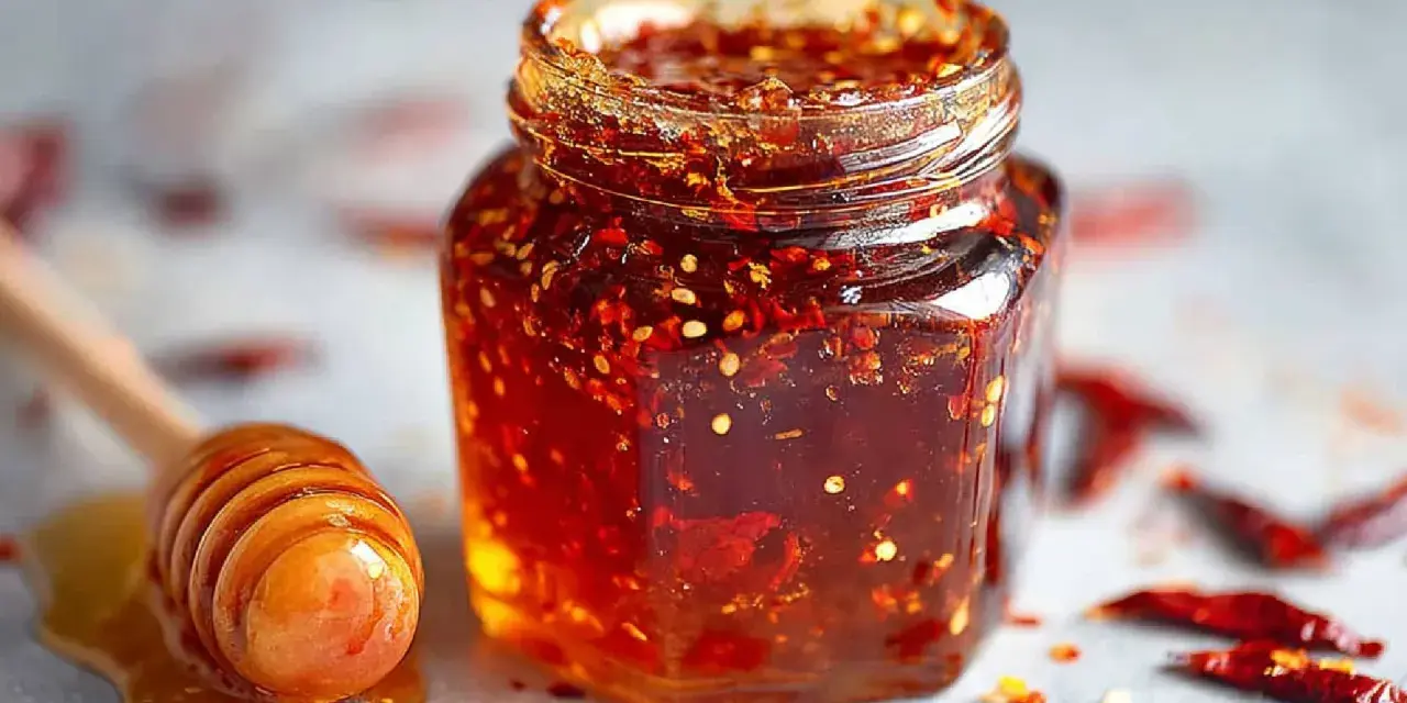 Glas mit würzigem Honig, ideal für ein Hot Honey Rezept. Daneben ein Honiglöffel mit flüssigem Honig.