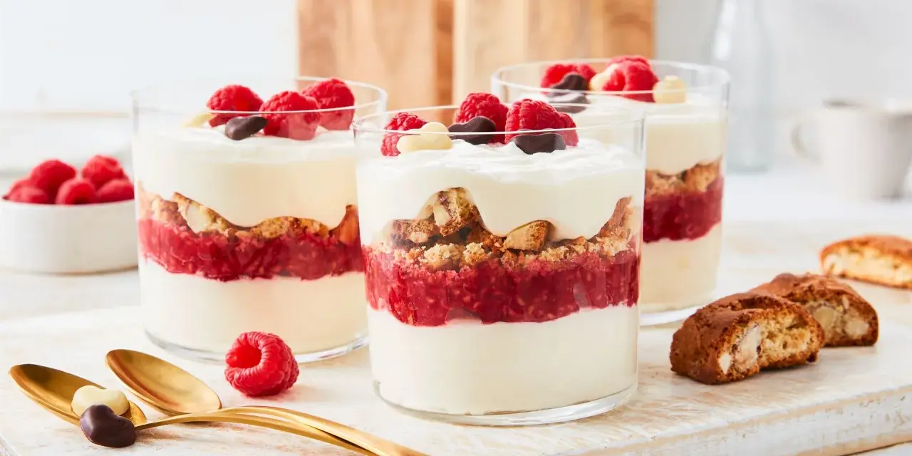 Schichtdessert mit Himbeeren, knusprigen Keksen und cremigem **dessert mit mascarpone**, garniert mit frischen Beeren und Schokolade.