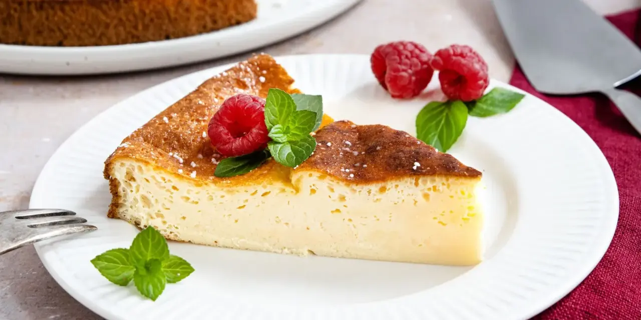 Ein Stück cremiger Kuchen mit griechischem Joghurt, garniert mit Himbeeren und Minze.