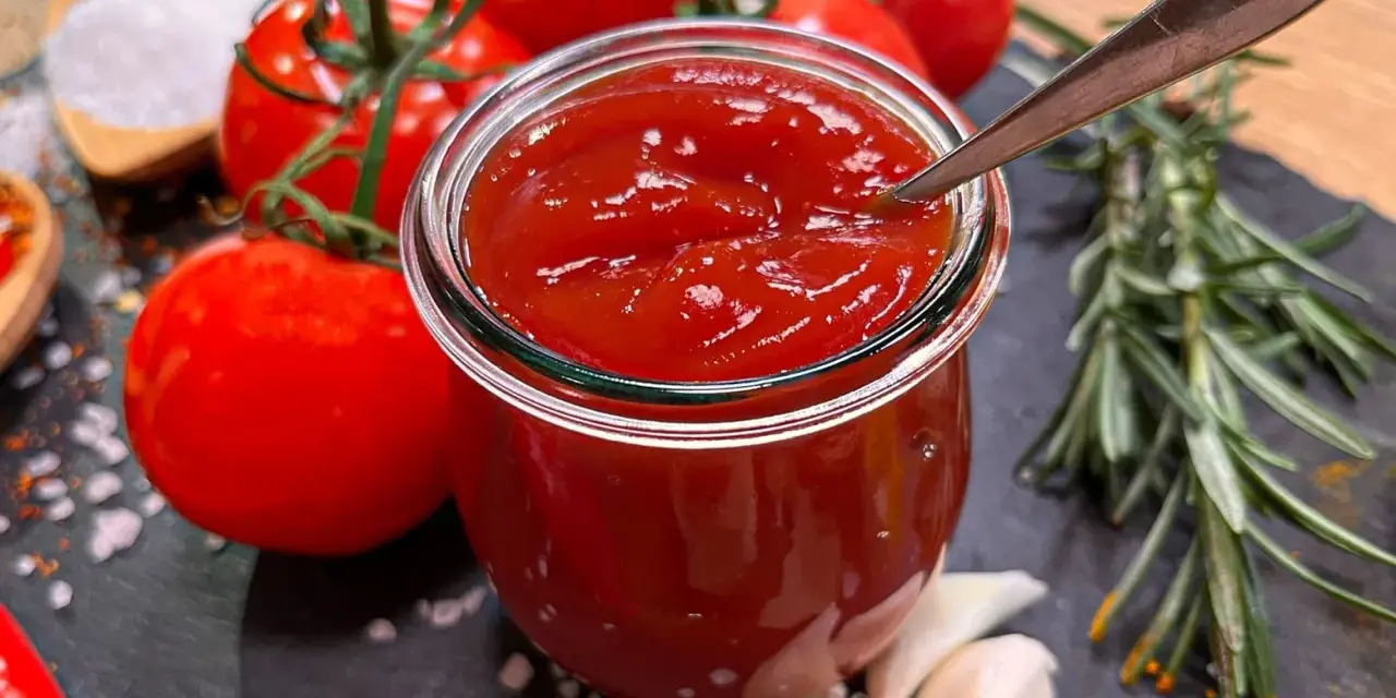 Frisches, selbstgemachtes Ketchup in einem Glas, umgeben von Tomaten, Knoblauch und Rosmarin. Perfekt zum Ketchup selber machen!
