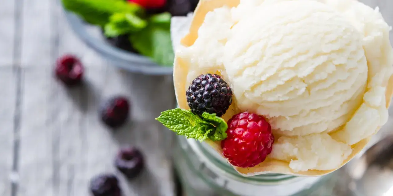 Cremiges Joghurteis selber machen, garniert mit frischen Beeren und Minze. Ein Genuss für heiße Tage!