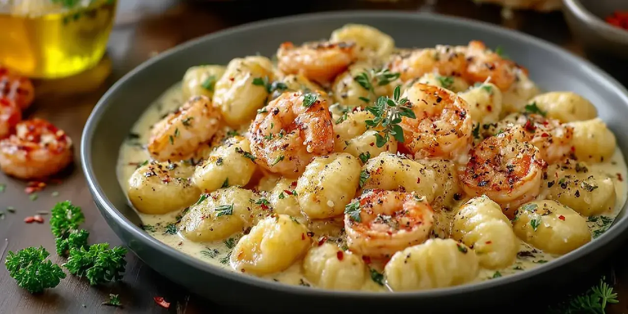Gnocchi mit Garnelen in cremiger Sauce, garniert mit Kräutern und Gewürzen. Ein köstliches Gericht, das zum Genießen einlädt.