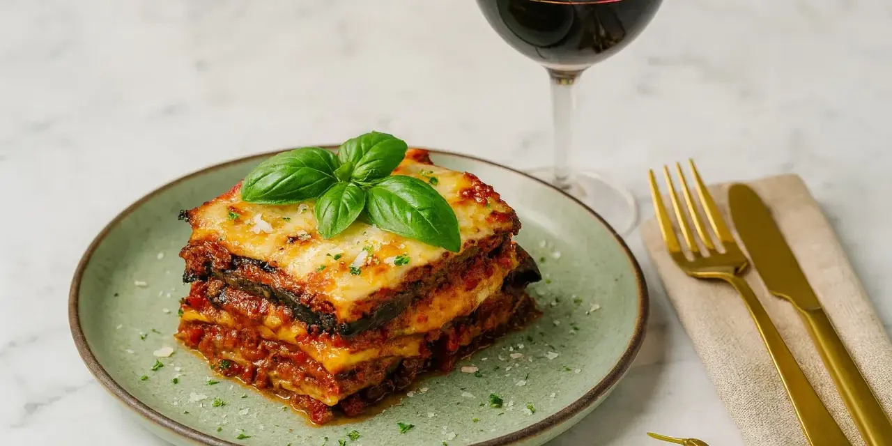 Schicht für Schicht ein Genuss: Ein Stück authentisches Melanzane Rezept Original, garniert mit frischem Basilikum, neben einem Glas Rotwein.
