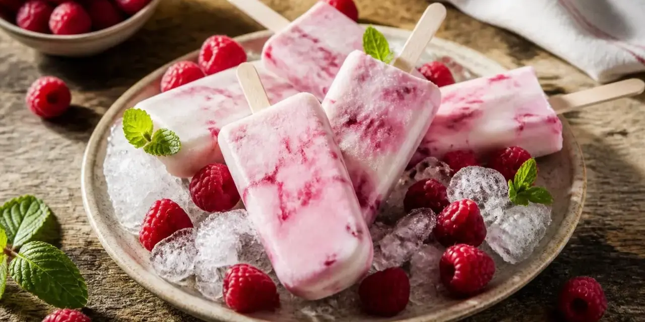 Erfrischendes Himbeer Joghurt Eis auf einem Teller mit frischen Himbeeren und Minze, serviert auf zerstoßenem Eis.