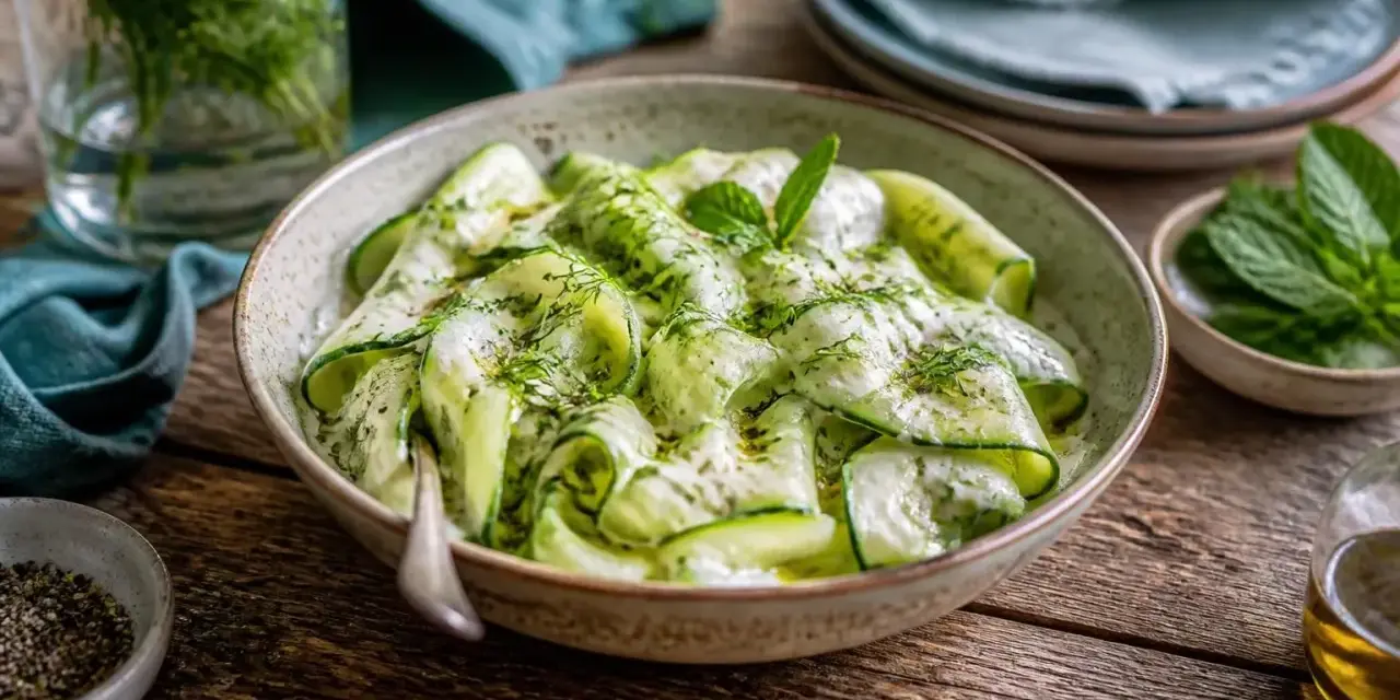 Erfrischender Zucchini-Salat mit Joghurt, Dill und Minze, garniert mit frischen Kräutern. Ein leichter Genuss!