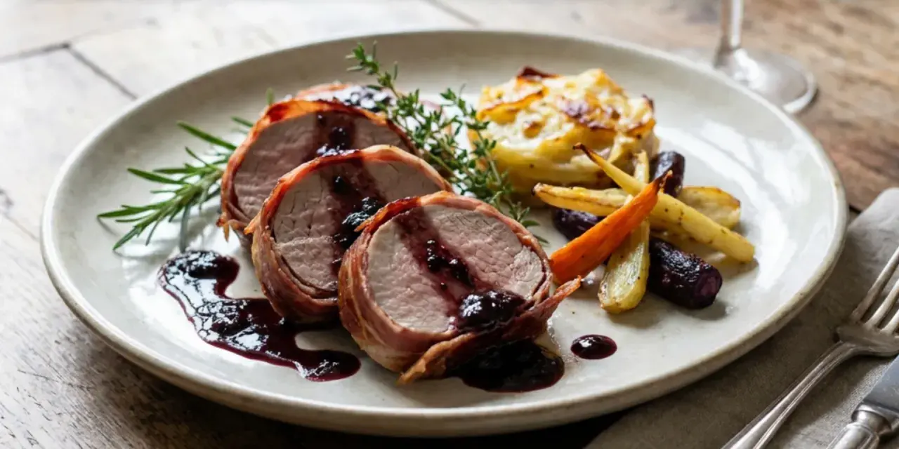 Saftiges Schweinefilet im Speckmantel mit Beerensoße, dazu Rosmarinkartoffeln und bunte Karotten. Ein Klassiker unter den Schweinefilet Rezepten.