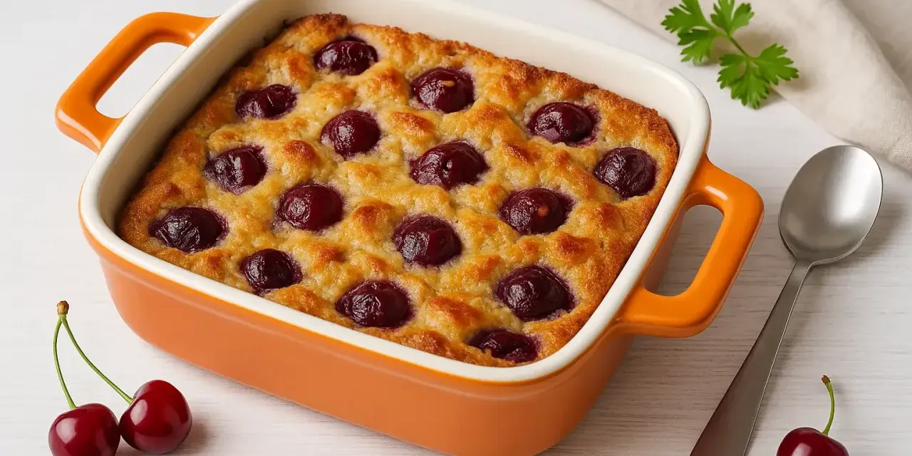 Eine köstliche Kirschpfanne mit Zwieback, goldbraun gebacken und mit saftigen Kirschen belegt. Perfekt für ein süßes Dessert.