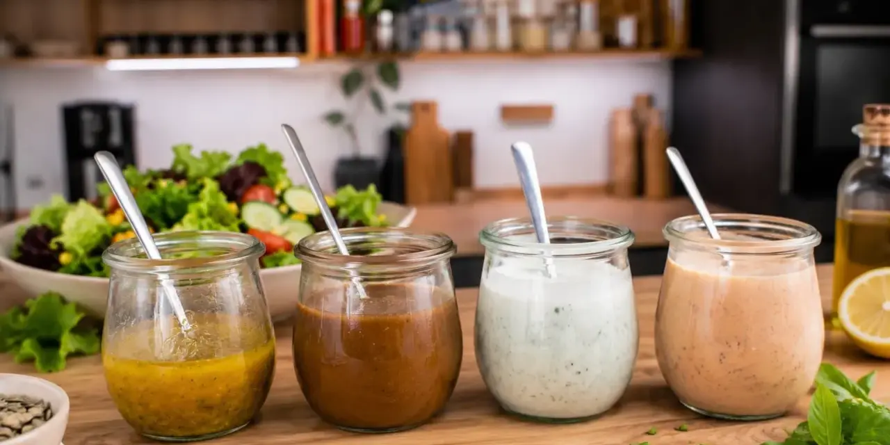 Vier Gläser mit verschiedenen **Salatdressing**-Sorten stehen auf einem Holztisch. Im Hintergrund ein frischer Salat.