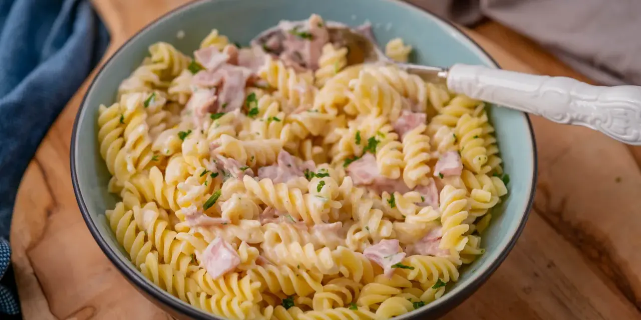 Fusilli-Nudeln mit einer cremigen **Schinken Sahne Sauce**, garniert mit Petersilie. Ein köstliches Gericht, das zum Genießen einlädt.