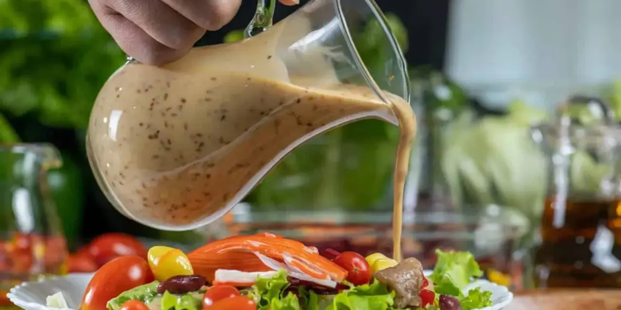 Cremiges Salatdressing ohne Essig wird über einen bunten Salat mit Krabbenfleisch und Kirschtomaten gegossen.