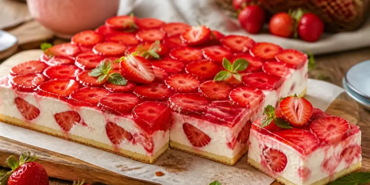 Erdbeerschnitten mit Quark: Ein saftiger Boden, cremiger Quark und frische Erdbeeren unter glänzendem Gelee. Ein Sommergenuss!