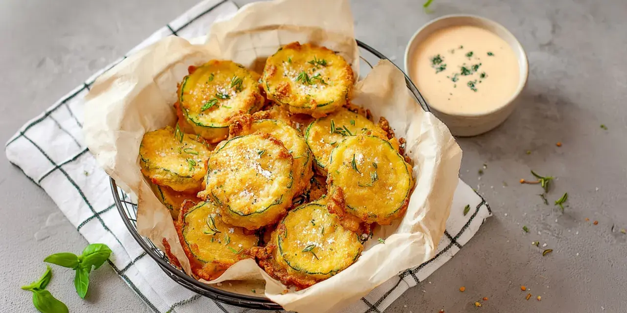Korb mit knusprigen, gebackenen Zucchini im Teigmantel, bestreut mit Kräutern und Salz. Daneben eine Schale cremiger Dip.