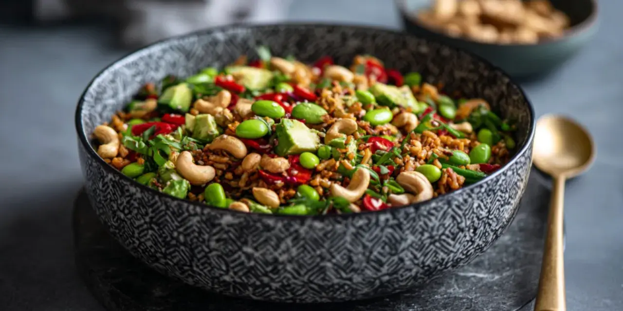 Schüssel mit einem bunten, knusprigen Reis-Salat, garniert mit Edamame, Cashewkernen, Avocado und Chili.