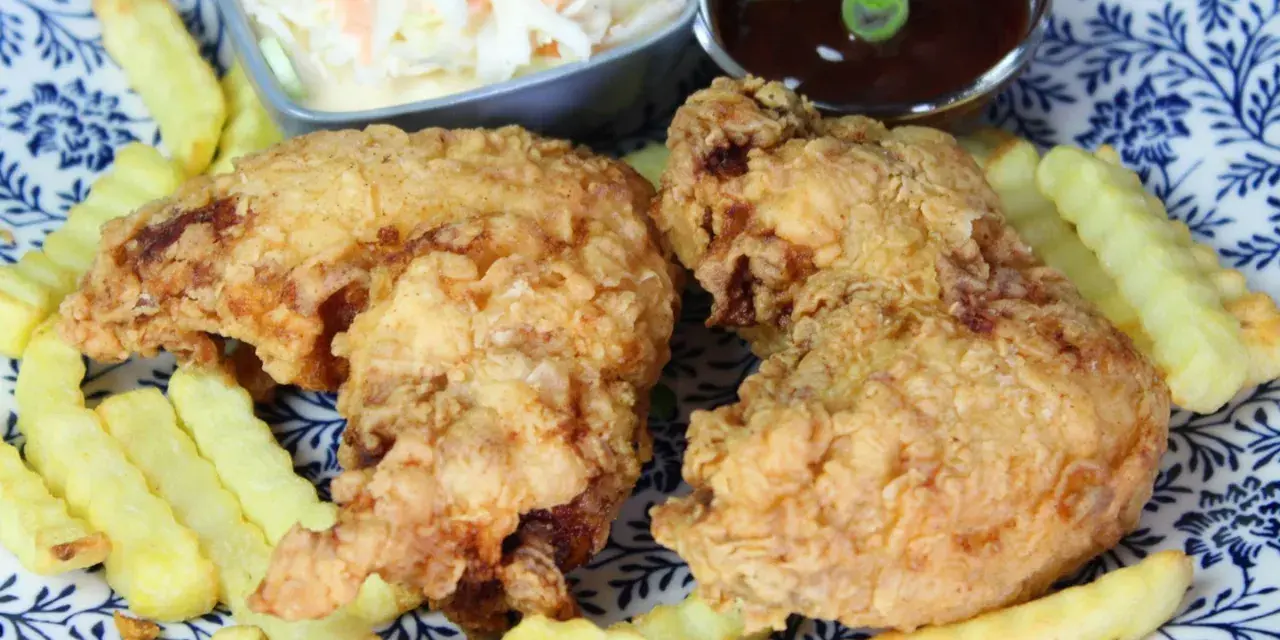 Knusprige chicken wings mit Pommes, Cole Slaw und BBQ-Sauce auf einem blau-weißen Teller.