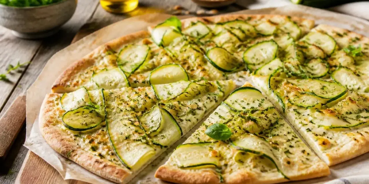 Flammkuchen mit Zucchini, belegt mit dünnen Zucchinischeiben und Kräutern, auf einem Holzbrett.