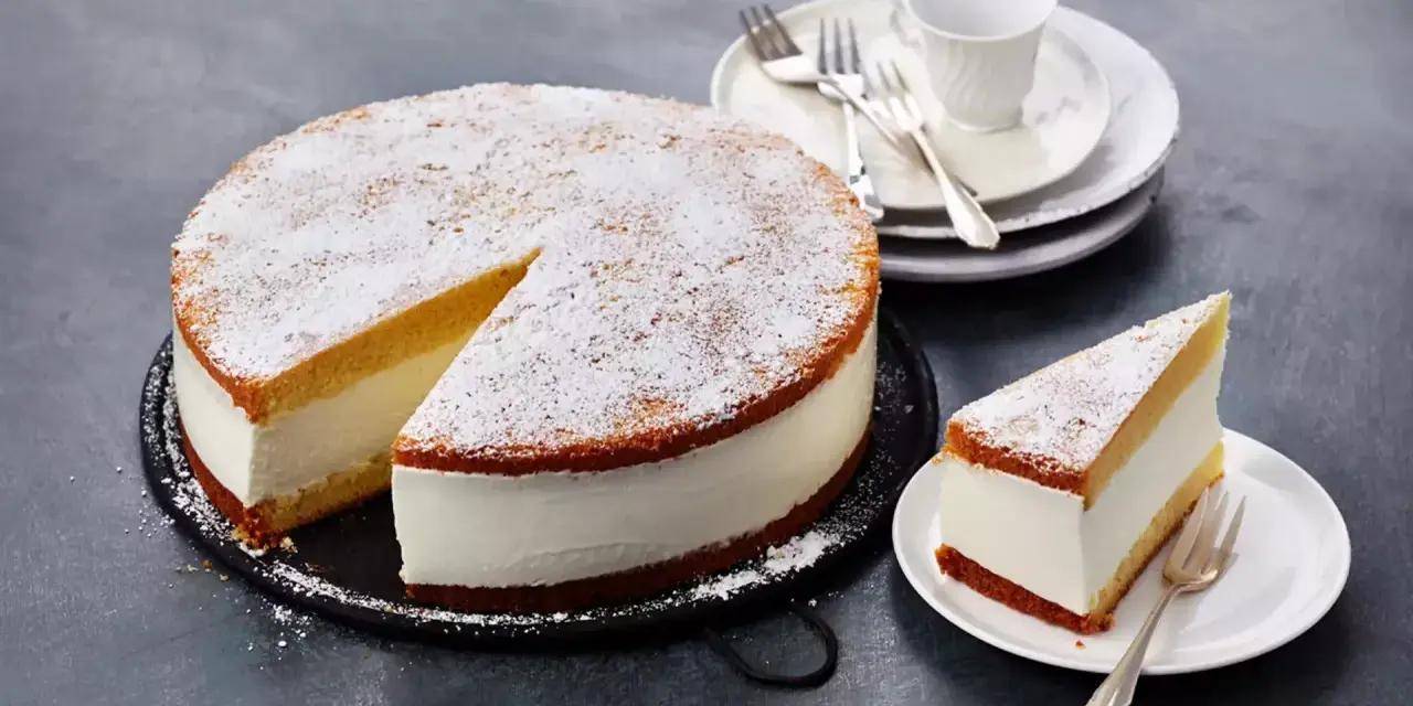 Eine köstliche Quark Sahne Torte, bestäubt mit Puderzucker, wartet darauf, genossen zu werden. Ein Stück ist bereits auf einem Teller angerichtet.