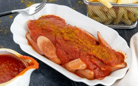 Currywurst mit selbstgemachter Currysauce, einfach und lecker. Pommes frites im Hintergrund.