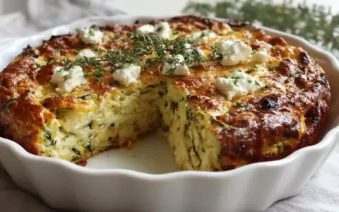 Herzhaftes zucchini mit feta im ofen, goldbraun gebacken und mit frischen Kräutern garniert.