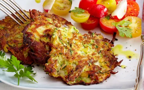 Goldbraune Zucchini-Puffer, knusprig gebraten, serviert mit einem bunten Tomatensalat und frischer Petersilie. Ein Genuss!