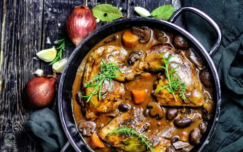 Herzhaftes Coq au Vin in einem gusseisernen Topf, mit Pilzen, Karotten und Kräutern garniert. Daneben Zwiebeln und Knoblauch.