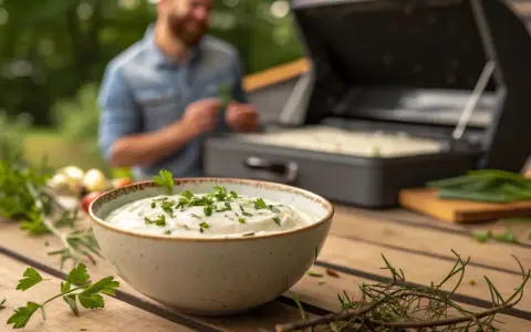 Schüssel mit cremiger Sour Cream, garniert mit Petersilie, steht auf einem Holztisch. Im Hintergrund bereitet ein Mann das Grillgut vor.
