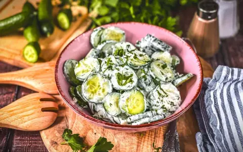 Omas Gurkensalat mit Joghurt, frisch zubereitet und mit Kräutern verfeinert, serviert in einer rosa Schüssel auf einem Holzbrett.
