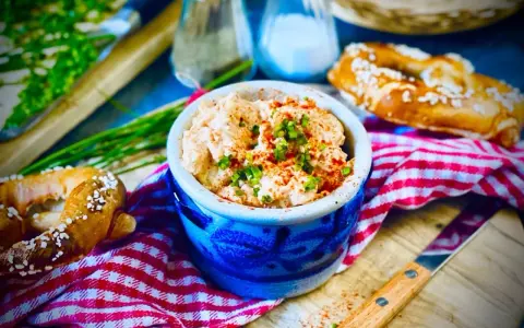 Leckerer Obazda im blauen Steingut-Töpfchen, bestreut mit Schnittlauch und Paprikapulver. Dazu Brezeln und ein Messer. Perfekt für ein Obazda Rezept!