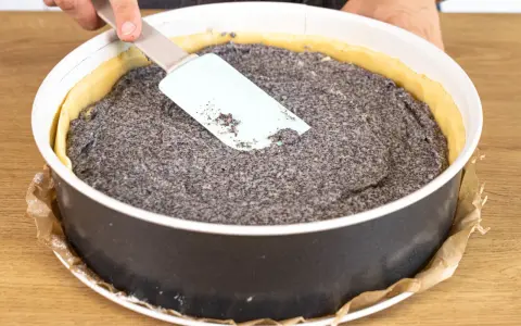 Ein Mohnkuchen mit Puddingfüllung wird in einer Springform vorbereitet. Eine Hand glättet die Mohnmasse mit einem Spatel.