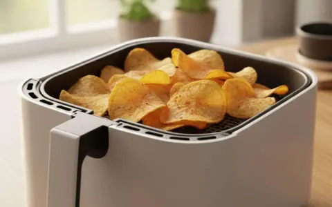 Knusprige kartoffelchips im Airfryer, bereit zum Genießen.