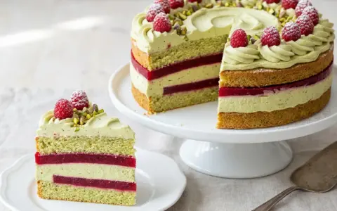 Eine wunderschöne Pistazien Himbeer Torte mit frischen Himbeeren und gehackten Pistazien. Ein Stück ist bereits auf einem Teller angerichtet.