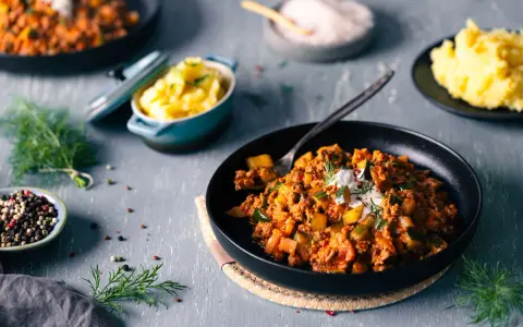 Schmorgurken mit Hack nach Omas Rezept, serviert mit Kartoffelbrei. Ein deftiges Gericht, das Erinnerungen weckt.