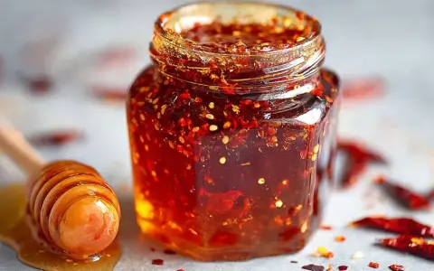 Glas mit würzigem Honig, ideal für ein Hot Honey Rezept. Daneben ein Honiglöffel mit flüssigem Honig.