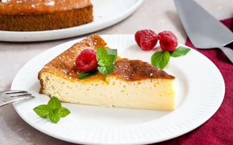 Ein Stück cremiger Kuchen mit griechischem Joghurt, garniert mit Himbeeren und Minze.