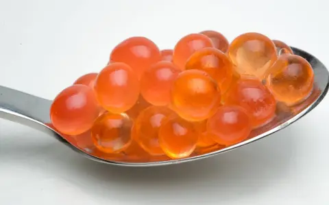 Löffel voller leuchtend oranger Kugeln, die aussehen, als könnte man sie leicht selber machen. Tapioka perlen selber machen ist einfacher als gedacht!