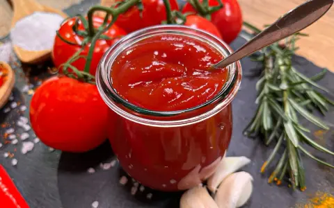 Frisches, selbstgemachtes Ketchup in einem Glas, umgeben von Tomaten, Knoblauch und Rosmarin. Perfekt zum Ketchup selber machen!