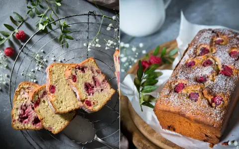 Saftiger Himbeer-Zitronen-Kuchen, bestäubt mit Puderzucker. Auf einem Gitter und auf einem Holzbrett mit frischen Himbeeren und Grün dekoriert.