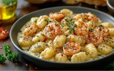 Gnocchi mit Garnelen in cremiger Sauce, garniert mit Kräutern und Gewürzen. Ein köstliches Gericht, das zum Genießen einlädt.