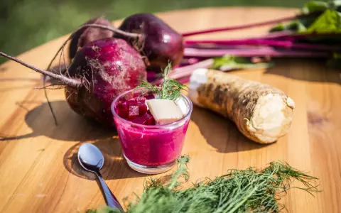 Rote Bete Mus Rezept: Frische rote Bete, Meerrettich und Dill auf Holztisch. Ein Glas mit leuchtend pinkem Mus, garniert mit Würfeln und Dill.