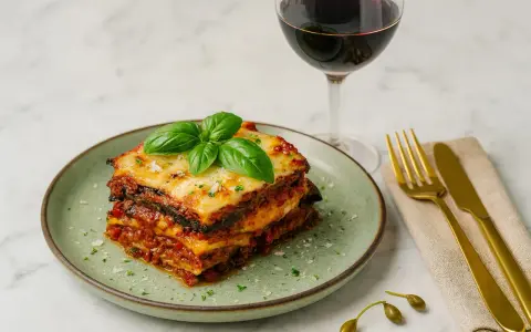 Schicht für Schicht ein Genuss: Ein Stück authentisches Melanzane Rezept Original, garniert mit frischem Basilikum, neben einem Glas Rotwein.